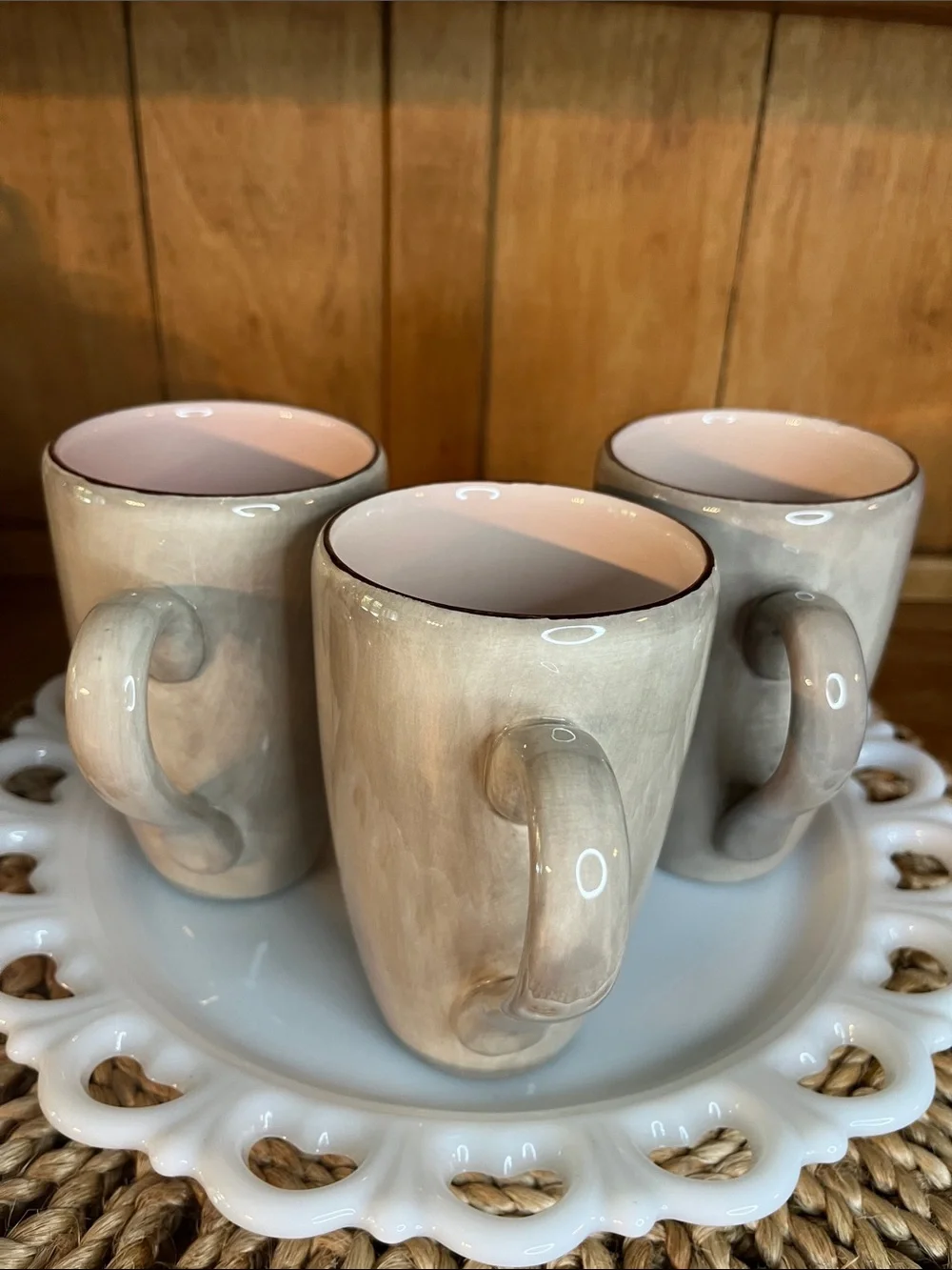 Discontinued Set of 3 Pottery Barn Oversized Mugs- Morning Story- Taupe and Pink